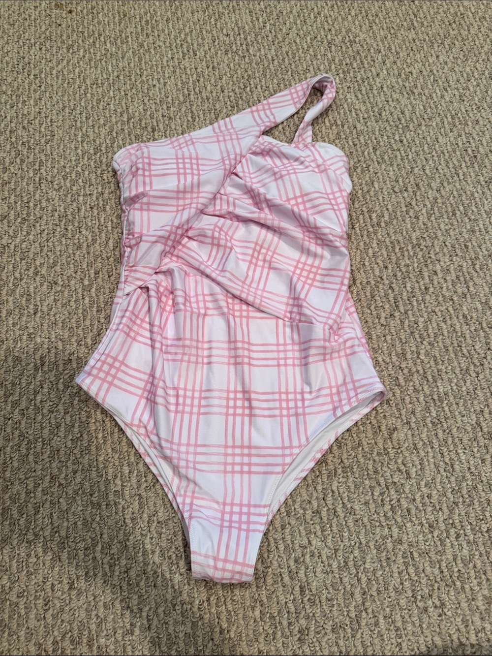 ' One-Shoulder Pink Plaid Swimsuit